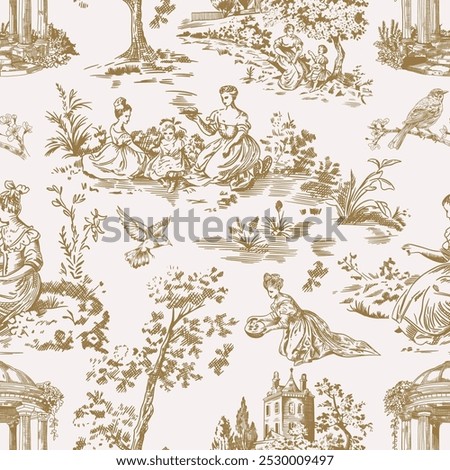 Abstract Victorian seamless pattern with hand drawn illustration with country life, couple villager in Toile de jouy style. Retro elegance blue Chinoiserie print. Vintage wallpaper for bedroom kitchen