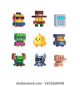 Abstract video game characters, cute creatures set, pixel art style icons, cool guy, robot, calculator, little monster, dog, chick, element design for logo, app, web, sticker. Isolated vector.