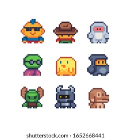 Abstract video game characters, cute creatures set, pixel art style icons, cool guy, little monster, dog, chick, element design for logo, app, web, sticker. Isolated vector illustration.