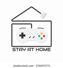 abstract video game controller with house-shaped power cord, with lettering 'Stay at home', concept of social distancing.