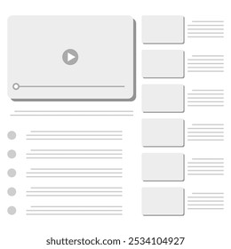 Layout abstrato da interface de vídeo com cartões de conteúdo e espaços reservados para texto. Ilustrando designs modernos da Web, plataformas de vídeo ou sistemas de aprendizado on-line, descrição clara e organizada da experiência do usuário.