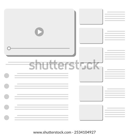 Abstract video interface layout with content cards and text placeholders. Illustrating modern web designs, video platforms, or online learning systems, clean and organized user experience depiction.