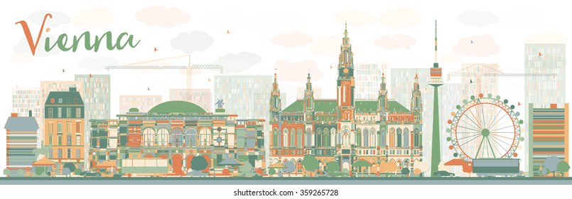 Abstract Vienna skyline with color landmarks. Vector illustration. Business travel and tourism concept with historic buildings. Image for presentation, banner, placard and web site.