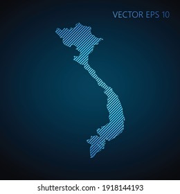 Abstract Vietnam map template made from blue diagonal lines on dark background. Vector illustration EPS10.
