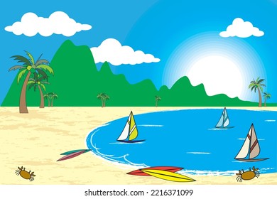 Abstrakte Sicht auf den Strand mit Segelboot auf dem Meer und Himmelshintergrund.