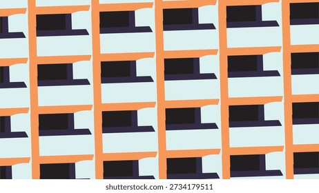 An abstract view of building windows and balconies forming a textured urban facade pattern