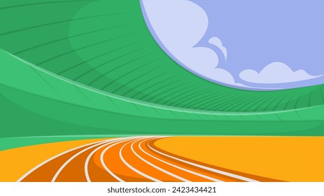 Vista abstracta de una pista atlética curvada. Coloridas caricaturas estilo arte. Maratón. Concepto de evento deportivo, competencia, torneo, juego. Diseño creativo y colorido. afiche