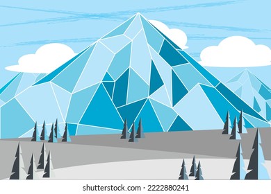 Abstract view of landscape, the big mountain with tree and clouds on sky background.