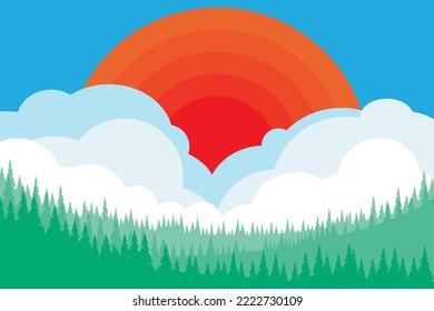 Abstract view of landscape with green tree and sun on sky background.