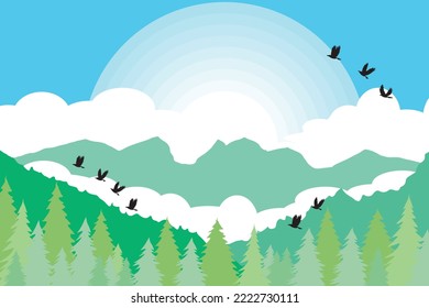 Abstract view of landscape the mountain with green tree and sun on sky background.