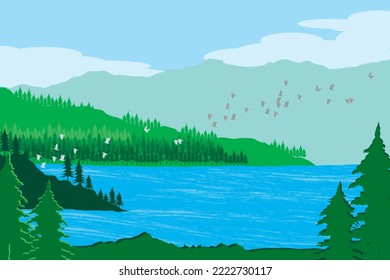 Abstract view of landscape the mountain with green tree and bird on sky background.