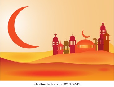Abstract view of Mosque or Masjid in desert, paper design, vector eps10