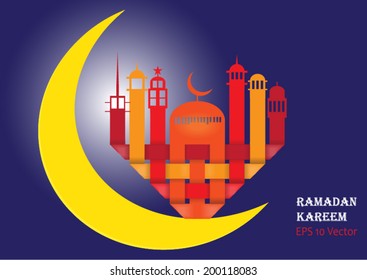 Abstract view of Mosque or Masjid in heart shape and moon, paper design, vector eps10