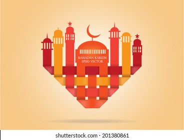 Abstract view of Mosque or Masjid in heart shape paper design, vector eps10