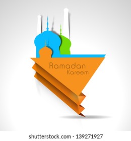 Abstract view of Mosque or Masjid with text Ramadan Kareem on grey background.