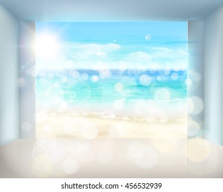 Abstrakter Blick auf den Strand vom Hotelzimmer. Vektorgrafik. 