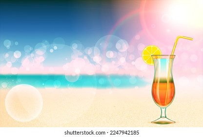 Abstract view of the sandy beach with a cocktail. Tropical resort. Sunrise on the seashore. Vector Illustration.