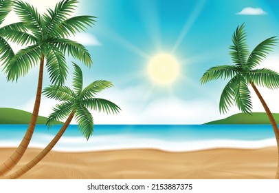 Abstract view of the sandy beach with a palm tree. Tropical resort. Sunrise on the seashore. Vector Illustration.