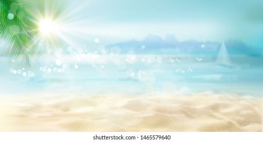 Abstract view of the sandy beach. Tropical resort. Sunrise on the seashore. Vector Illustration. 