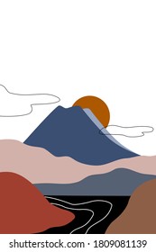 Abstract view of The sun sets between the mountains, the river goes into the distance. Background with space for text, vector illustration, banner, poster.