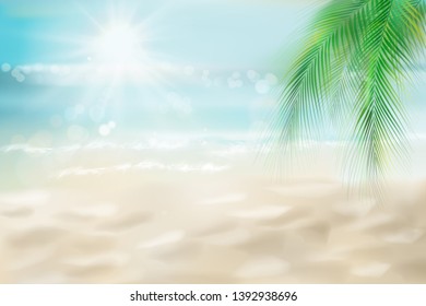 Abstract view of the sunny beach with a palm tree. Tropical resort . Vector Illustration.