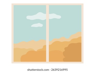 Abstract view from the window on the autumn landscape under the blue sky with clouds. Minimalist object for interior design.