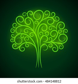 Abstract vignette green glowing tree. Vector creative concept.