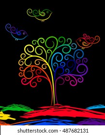 Abstract vignette rainbow tree and birds on black background