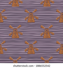 Abstract village seamless pattern with brown windmill doodle print. Purple striped background. Designed for wallpaper, textile, wrapping paper, fabric print. Vector illustration.