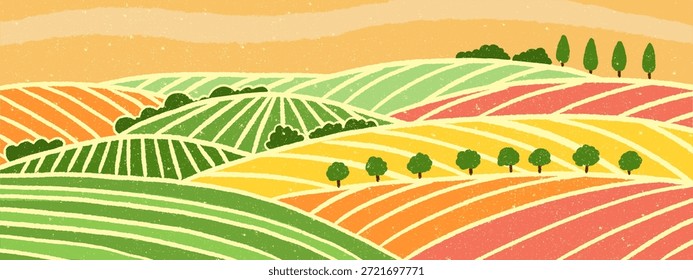 Abstractas patrón de colinas de viñedo. Campos de granja rayados coloridos con árboles y arbustos. Ilustración Abstractas con textura vintage.