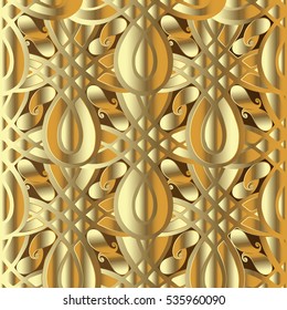 Abstract vintage 3d paisleys seamless pattern. Floral wallpaper. Decorative gold  background.Monochrome vector gold fabric  texture.