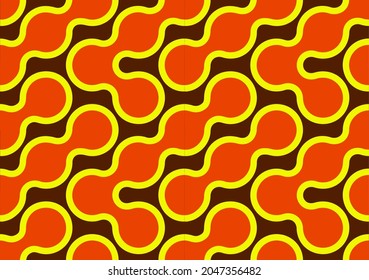 Abstract vintage 60's and 70's style shapes of orange and yellow blobs on brown background in seamless vector pattern.