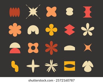 Abstract vintage 70s 80s pop art style, groovy retro geometric shapes, y2k badges