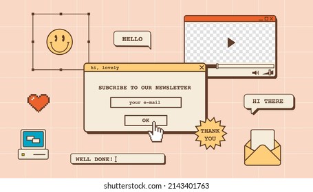 Abstract vintage aesthetic background for newsletter email campaign. Vaporwave desktop template with 80s 90s old computer user interface dialog window and nostalgic retro computer elements. Vector.