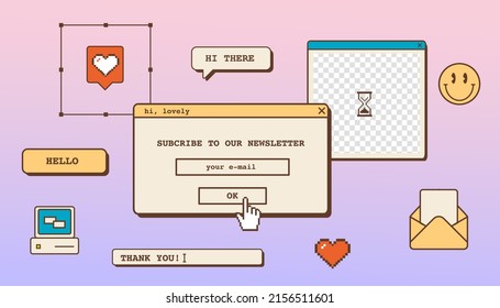 Abstract vintage aesthetic background for newsletter email campaign. Vaporwave desktop template with 80s 90s old computer user interface dialog window and nostalgic retro computer elements. Vector.