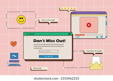 Abstract vintage aesthetic background for newsletter email campaign. Vaporwave desktop template with 80s 90s old computer user interface dialog window and nostalgic retro computer elements.  subcribe