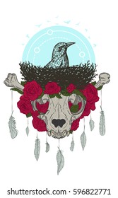 Abstract vintage animal skull of cat with bird in nest, roses and feathers. Creative original vector illustration in hipster retro style. Trendy design background for print, textile, cover, poster.