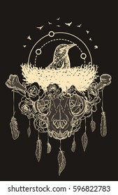 Abstract vintage animal skull of cat with bird in nest, roses and feathers. Creative original vector illustration in hipster retro style. Trendy design background for print, textile, cover, poster.