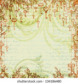 Abstract vintage background with antique keys hanging on tree