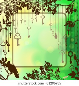 Abstract vintage background with antique keys hanging on tree