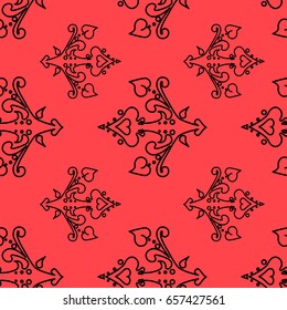 Abstract vintage background, seamless pattern. Vector hand drawn illustration .
Colorful pattern, black ornament on red background.