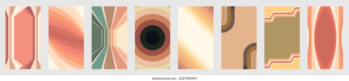 Abstract vintage backgrounds. 70s retro stripes cover, flyer and poster background design set. Flowing wavy colorful paths for album cover