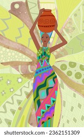 abstract vintage card with a beautiful african girl holding a water jar against a grunge doodle background 