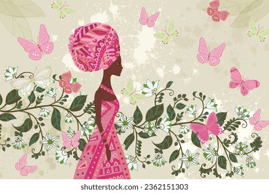 abstract vintage card with a profile of a beautiful African girl in a pink dress and flying butterflies against a grunge background and an ethnic floral pattern