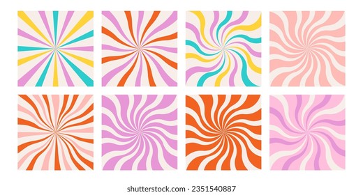 Abstract vintage colored sunburst background. Groovy backgrounds retro 70s style. Cute abstract vintage texture wallpaper. Hippie wavy vector. Colorful fun stripes in retro 1970s trendy design. 