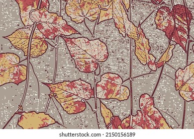Abstract vintage colorful leaf and branches on beige background. Autumn leaves grunge texture pattern.