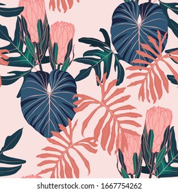 Abstract vintage colors seamless tropical pattern with colorful orange blue leaves and line protea flowers on light vintage background. Seamless exotic pattern with tropical plants. Exotic wallpaper. 