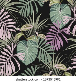 Abstract vintage colors seamless tropical pattern with colorful pink green leaves on dark background. Seamless exotic pattern with tropical plants. Exotic wallpaper. 