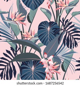 Abstract vintage colors seamless tropical pattern with pink blue leaves and flowers on pink vintage background. Seamless exotic pattern with tropical plants. Exotic wallpaper. 