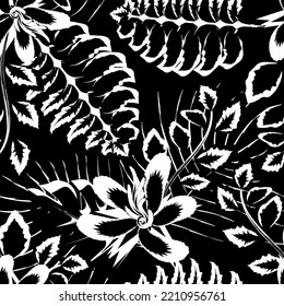 Abstract vintage colors seamless tropical pattern with plants and leaves on dark background. Seamless exotic pattern with tropical plants. Exotic wallpaper. jungle background. nature illustration